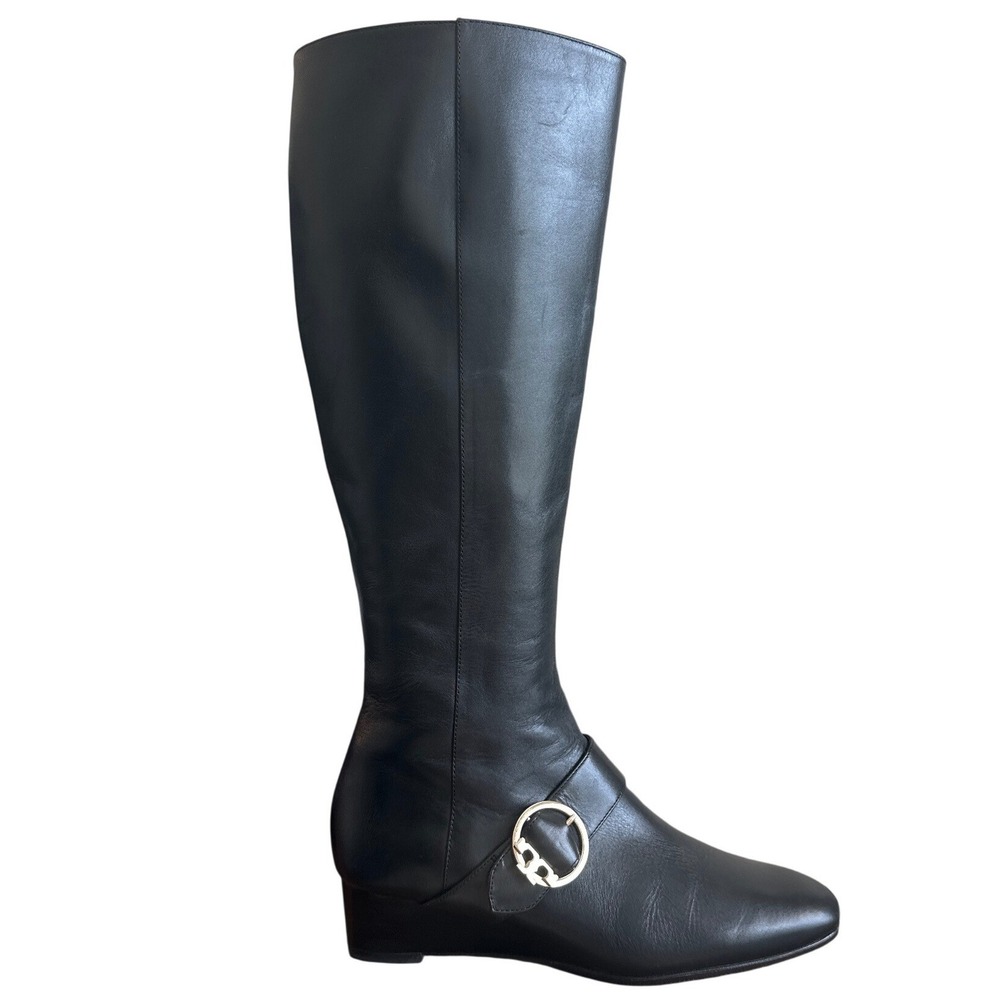 Tory Burch Moto Wrap Wedge Riding Boots Black Leather Gold Logo Size 8